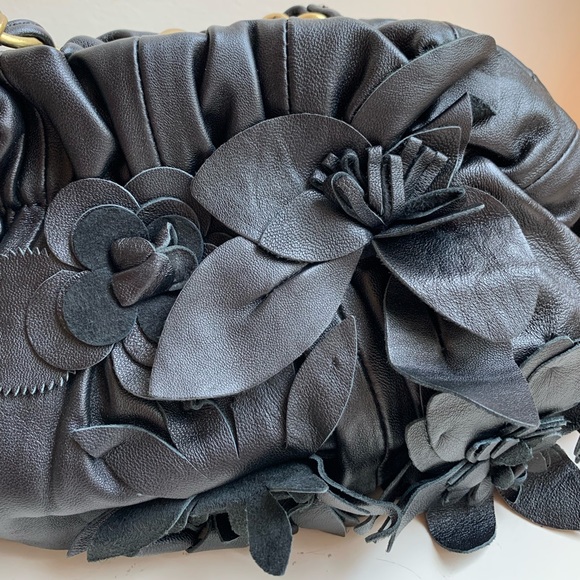 Adrienne Vittadini Black Leather Bag Purse with Leather Flowers - Picture 5 of 11